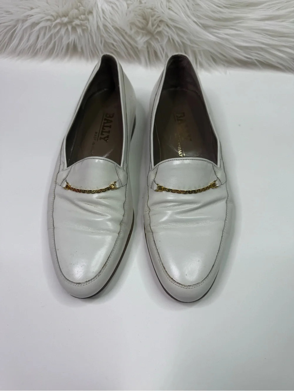 Bally White Leather Chain-Trim Loafers Men Shoes Size 7.5 Made in Italy